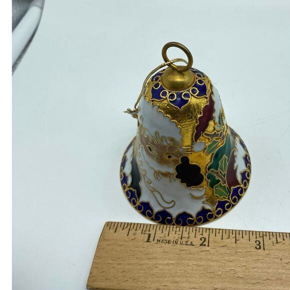 VTG GANZ CLOISONNE ENAMEL GOLD TONE CHRISTMAS BELL ORNAMENT SANTA 2.25” - Picture 3 of 4